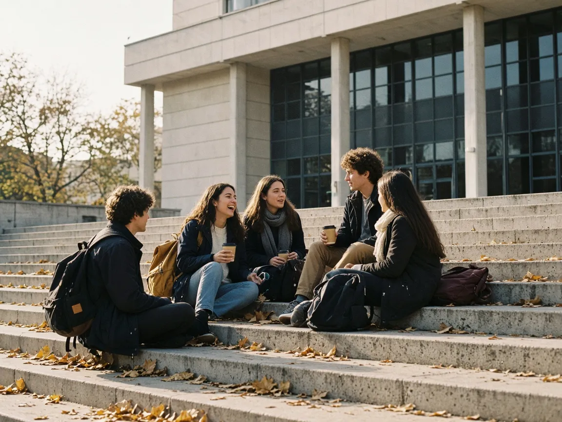 Students on the steps of the main building