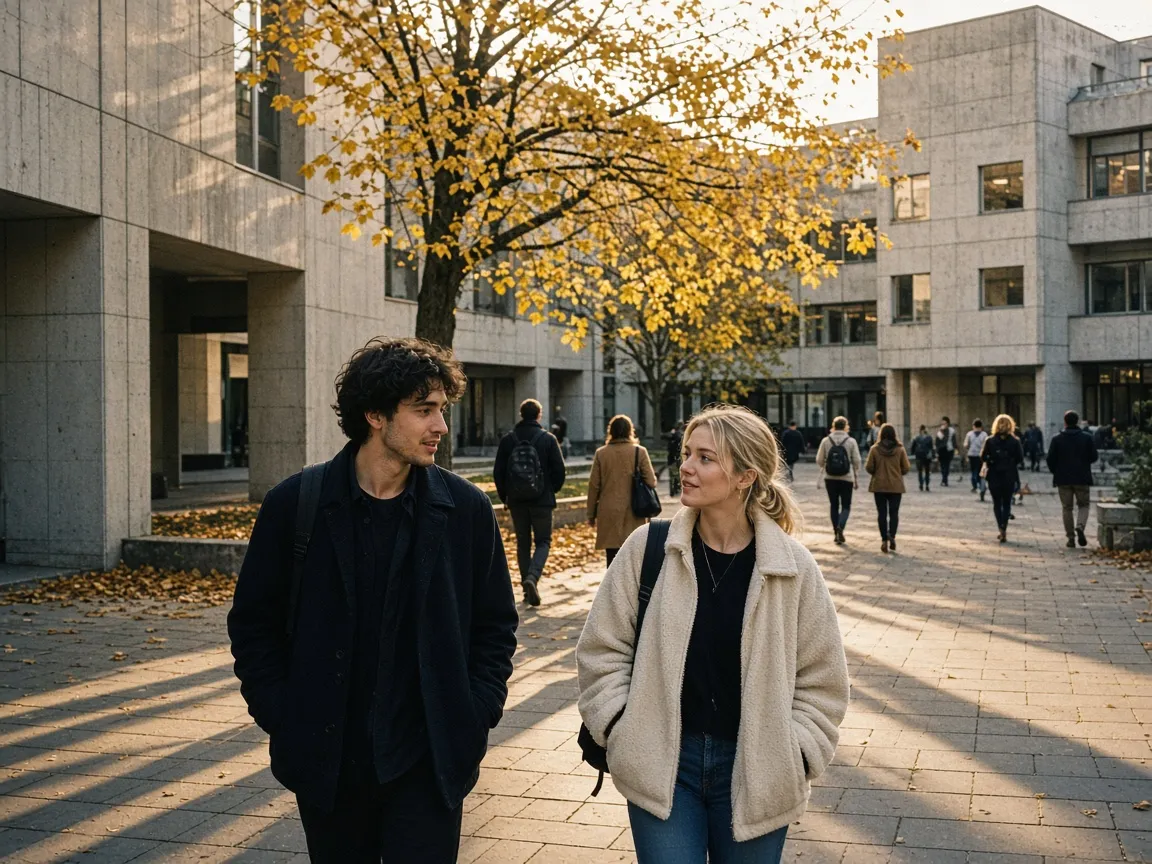 Two students walking through the courtyard in fall